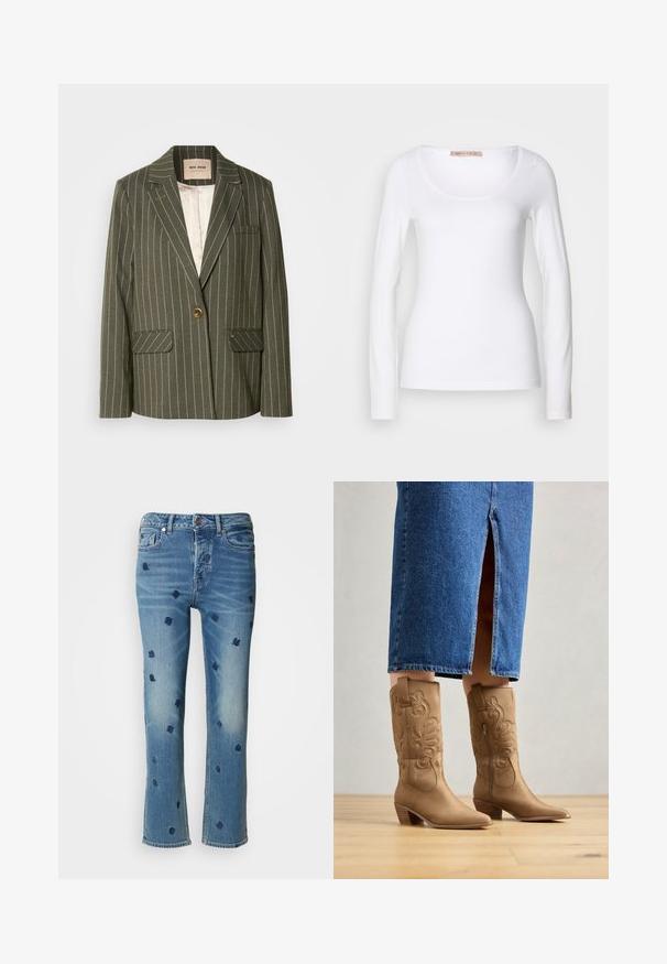 Oliven grøn blazer med hvide lodrette striber, enkelt knaplukning, to frontlommer og klapkrave-design.; Langærmet hvid bomulds T-shirt med rund halsudskæring og tætsiddende design, med glat tekstur og uden udsmykninger.; Lysblå denimjeans med lige ben, prydet med marineblå blomsterbroderi og slitageeffekter nær lommerne og kanten.; Tan western-stil støvler med dekorativ syning, spids tå og stakket hæl. Båret med en denimnederdel i knæ længde, der afslører støvlerne.
