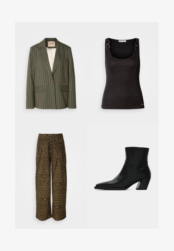 Oliven grøn blazer med hvide lodrette striber, enkelt knaplukning, to frontlommer og klapkrave-design.; Sort ærmeløs top med en rund udskæring, der har metalliske glimmer, dekorativ skulderhardware og en tætsiddende silhuet.; Bredde bukser i et brun- og sort leopardprint. Har en høj talje og plisseret design. Blødt stof med en glat tekstur.; Sortlæder ankelstøvle med spids tå, en slank silhuet og en kraftig firkantet hæl. Glat tekstur med minimale stikninger.