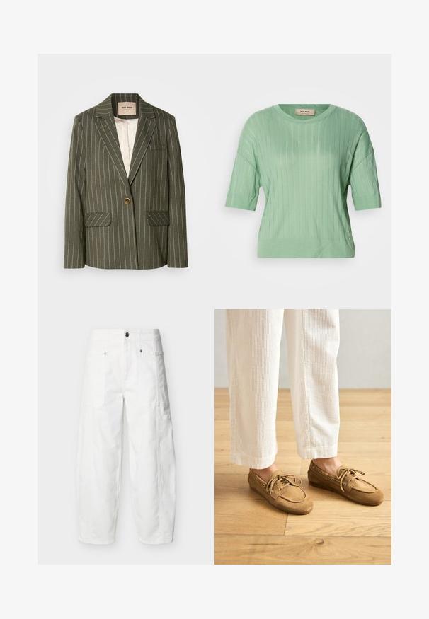Oliven grøn blazer med hvide lodrette striber, enkelt knaplukning, to frontlommer og klapkrave-design.; Mintgrøn kortærmet sweater med ribbet tekstur, rund halsudskæring og en let løs pasform. Har en lille logo accent på siden.; Hvide bukser med vidde ben, frontlommer med påsyet lommer, knaplukning og synlige sømdetaljer, vist på en ensfarvet baggrund.; Brune ruskinds bådsko med snørebånd, der har en rund tå og syede detaljer. Båret med hvide kordfløjl-bukser i en træagtig indstilling.