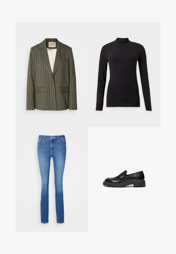 Oliven grøn blazer med hvide lodrette striber, enkelt knaplukning, to frontlommer og klapkrave-design.; Sort tætsiddende top med lange ærmer og høj krave, vist på en ensfarvet lys grå baggrund.; Blå denim jeans med en tætsiddende pasform, fem lommer og et diskret falmet mønster. Fremstillet af blødt, strækbart stof med en standard knaplukning.; Sorte læder loafers med rund tå, syede detaljer og en kraftig gummisål med et tekstureret trækmønster.