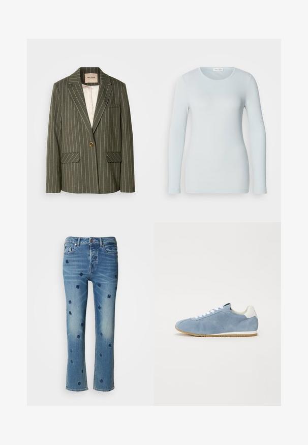 Olivgrüner Blazer mit weißen vertikalen Streifen, einreihiger Knopfverschluss, zwei Vordertaschen und Reverskragen.; Helles blaues langärmliges T-Shirt aus Rippstoff. Verfügt über einen runden Halsausschnitt und eine schmale Passform. Glatte Textur ohne sichtbare Muster oder Verzierungen.; Hellblaue Jeans aus Denim mit geradem Bein, verziert mit navyblauer floralem Stickerei und einem Used-Look-Effekt nahe den Taschen und dem Saum.; Wildleder-Sportschuh in Hellblau mit weißen Schnürsenkeln und Akzent an der Ferse. Verfügt über ein perforiertes Design und eine Gummisohle für besseren Halt.