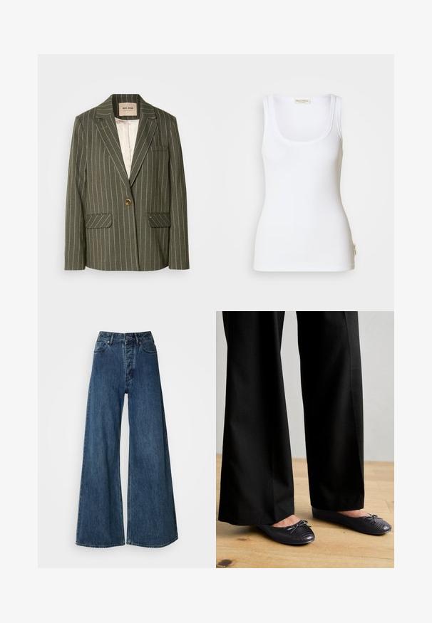 Oliven grøn blazer med hvide lodrette striber, enkelt knaplukning, to frontlommer og klapkrave-design.; Hvid ribbet tanktop med rund halsudskæring og brede stropper. Har en logomærkat på sidesømmen. Fremstillet af blødt, elastisk stof.; Bredde bukser i denim i mørkeblå, med høj talje, fem-lomme design og kontrasterende syninger. Klassisk, holdbart stof.; Sort bukser med bredde ben og en struktureret overflade, parret med flade sko med en sløjfe og et subtilt krokodillepræget design i sort.