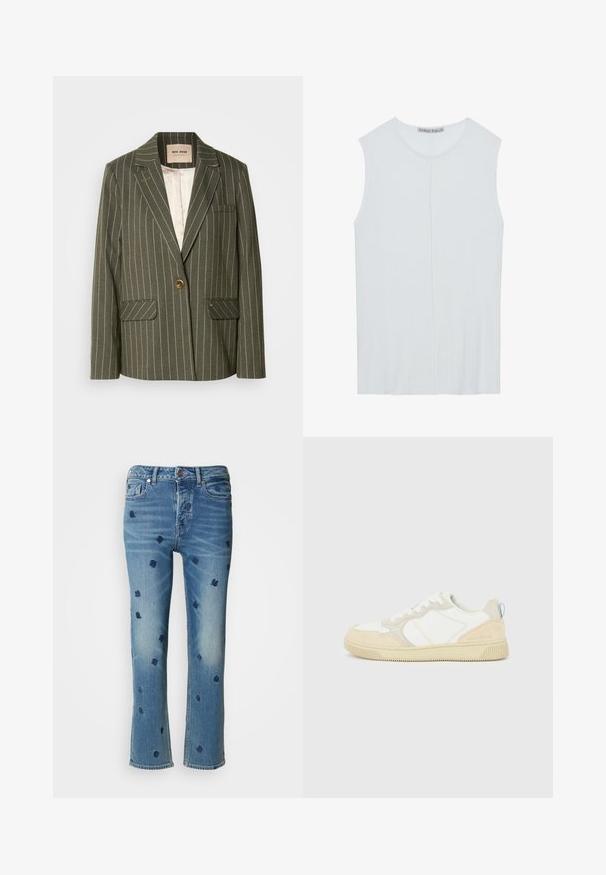 Oliven grøn blazer med hvide lodrette striber, enkelt knaplukning, to frontlommer og klapkrave-design.; Lyseblå ærmeløs top lavet af ribbet stof, med en rund halsudskæring og en centralt søm detaljer. Glat tekstur med en afslappet pasform.; Lysblå denimjeans med lige ben, prydet med marineblå blomsterbroderi og slitageeffekter nær lommerne og kanten.; Hvid og beige sneaker med en overdel i ruskind og tekstil, med kontrastsyninger, en gummisål og en lyseblå detalje på hælen.