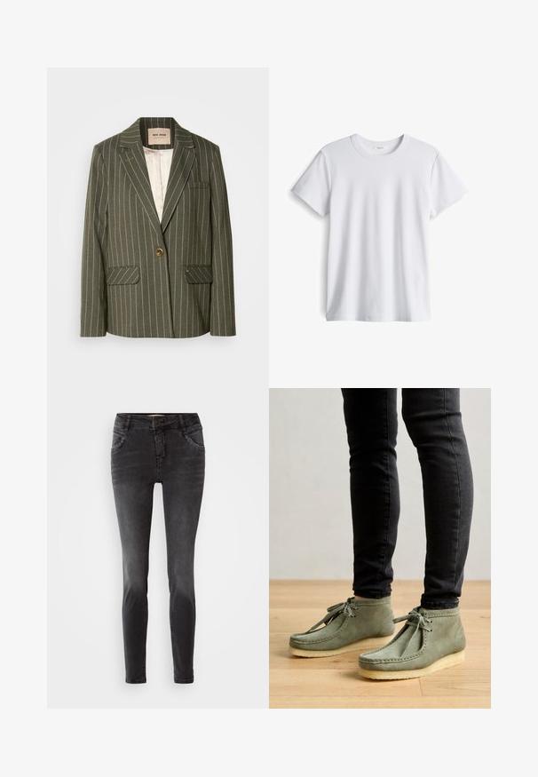 Olivgrüner Blazer mit weißen vertikalen Streifen, einreihiger Knopfverschluss, zwei Vordertaschen und Reverskragen.; Weißes Baumwoll-T-Shirt mit rundem Ausschnitt und kurzen Ärmeln. Weicher Stoff, gerader Schnitt, keine sichtbaren Logos oder Muster.; Schwarze Slim-Fit-Jeans aus Denim, mit einem frontalen Knopfverschluss, Nietenverzierungen an den Taschen und einer glatten Textur.; Grüne Wildleder-Stiefeletten mit weicher Sohle, die ein Schnürdesign und gestickte Details entlang der Kanten aufweisen. Tragen zu schwarzen Jeans.