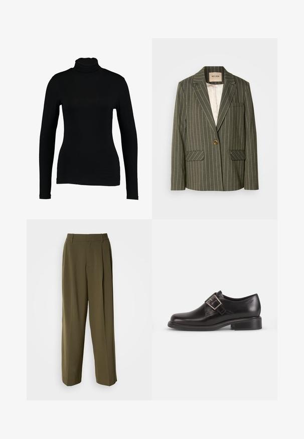 Blazer vert olive avec des rayures blanches verticales, fermeture à un seul bouton, deux poches avant et un col cranté.; T-shirt noir à manches longues et col roulé en tissu lisse, avec une coupe ajustée et un col haut, idéal pour les superpositions ou à porter seul.; Pantalons à jambes larges vert olive en tissu lisse, dotés d'une taille haute, de plis sur le devant et de poches latérales pour plus de fonctionnalité.; Chaussure habillée en cuir noir avec un bout arrondi, détail de boucle de ceinture sur le côté et semelle texturée, posée sur un fond blanc uni.