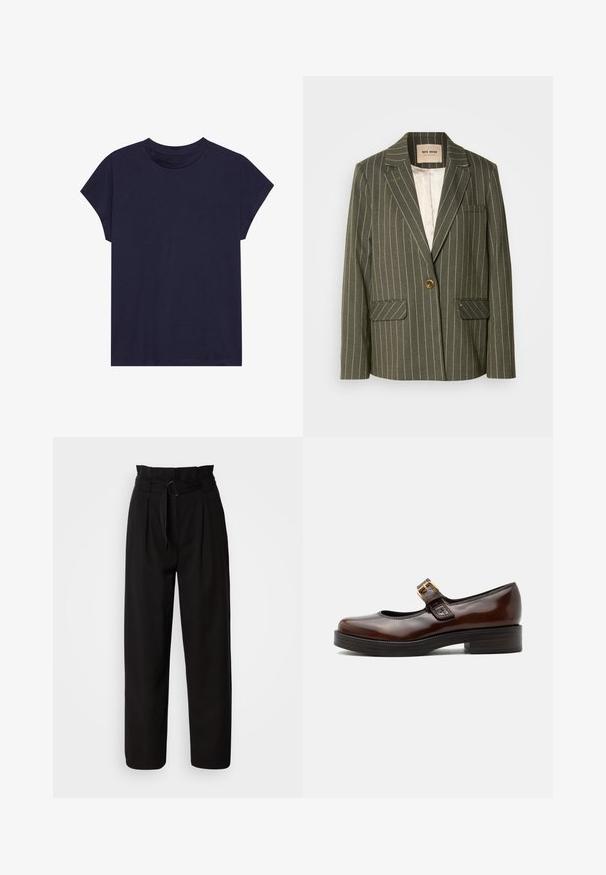 Blazer vert olive avec des rayures blanches verticales, fermeture à un seul bouton, deux poches avant et un col cranté.; T-shirt en coton bleu marine à col rond et manches courtes, avec une coupe décontractée et une texture lisse. Pas de motifs ni d'accents.; Pantalon noir taille haute à jambes larges, avec plis avant et une ceinture en tissu avec une boucle circulaire. Texture lisse et design ajusté.; Chaussure Mary Jane marron foncé avec finition brillante, bout arrondi, petit talon bloc et bride avec boucle dorée sur le cou-de-pied.