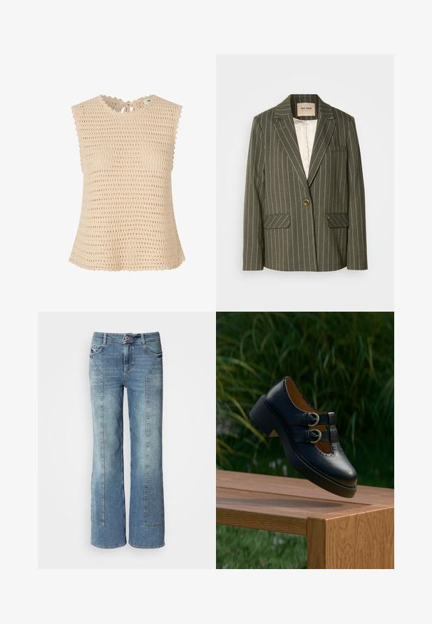Blazer vert olive avec des rayures blanches verticales, fermeture à un seul bouton, deux poches avant et un col cranté.; Top en tricot beige avec un tissage texturé et ouvert. Présente un col festonné, des liens à l'arrière et des manches courtes.; Jean large en denim bleu clair avec un délavage, comprenant cinq poches, des coutures contrastées et une fermeture à bouton au niveau de la taille.; Chaussure noire en cuir à double boucle avec des détails perforés flottant au-dessus d'un banc en bois à l'extérieur avec de l'herbe verte et des plantes en arrière-plan.