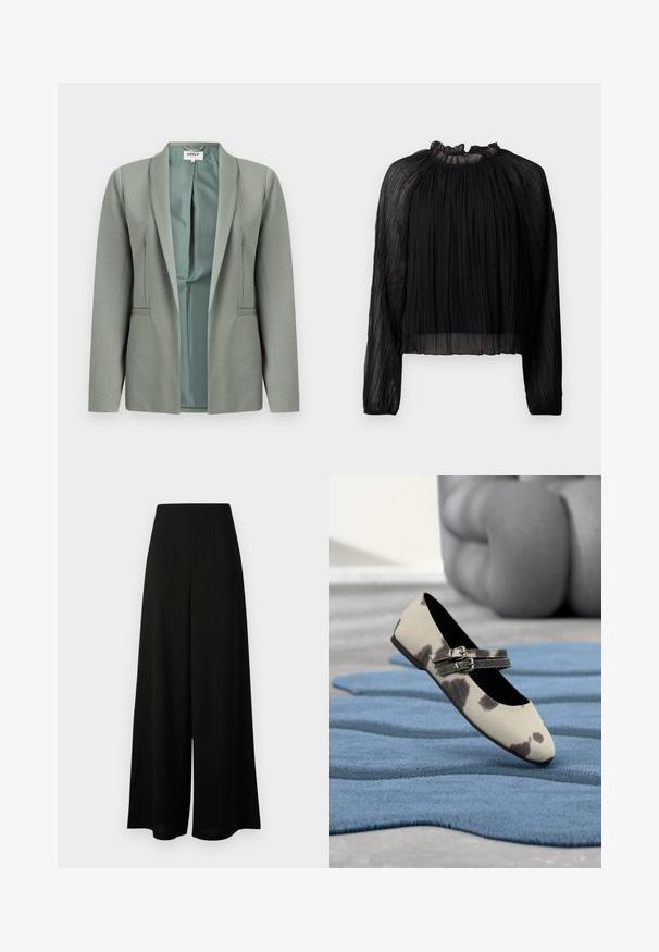 Blazer gris claro de frente abierto con mangas largas, cuello tipo chal y forro interior liso visible, exhibido sobre un fondo blanco.; Blusa negra plisada con mangas largas, cuello alto con volantes y tejido transparente. Presenta una textura suave y una silueta holgada y fluida.; Vero Moda Tall VMLIVA SUPER WIDE PANTS - Pantalones - black; Zapato plano beige con manchas negras y correas con doble hebilla descansando sobre una alfombra azul texturizada.