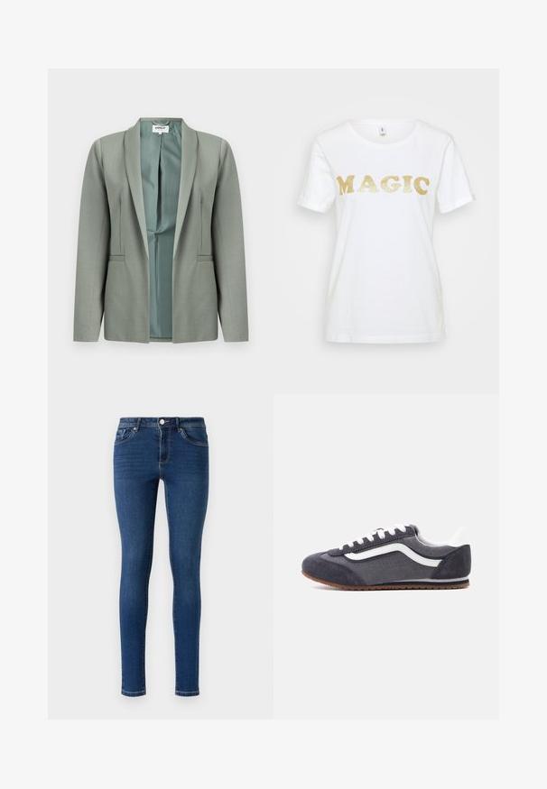 Lysegrå blazer med åben front, lange ærmer, sjalskrave og glat indvendig foring, vist mod en hvid baggrund.; Hvid bomulds T-shirt med gyldent glitrende tekst, der står "MAGIC" i en fed, rund skrifttype. Korte ærmer og en klassisk crew neckline.; Slanke denimjeans i mørkeblå. Har et klassisk fem-lomme-design, metalknaplukning og diskret syninger langs sømmene.; Grå og mørkegrå ruskindssneaker med hvide snørebånd, hvid hæl, hvid sideliste og brun gummisål, set fra siden.