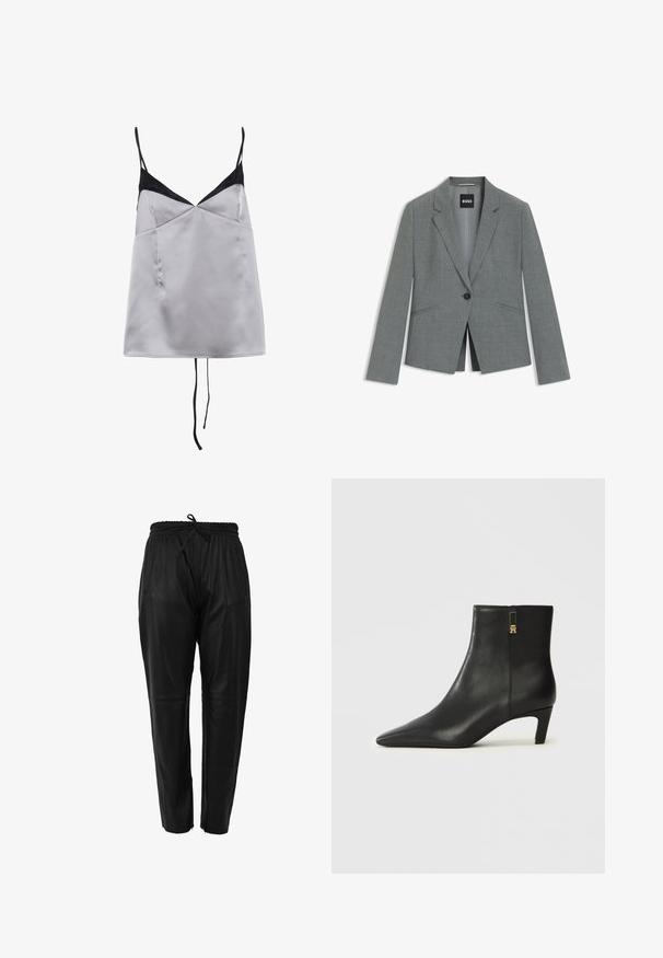 Grijze blazer met een subtiel patroon, op maat gemaakt, met een enkele knoopsluiting, notched lapels en twee voorzakken.; Satijnen topje in lichtgrijs met zwarte accenten en dunne bandjes. Heeft een V-halslijn, een soepele textuur en een ontspannen pasvorm.; Zwarte leren broek met een koordtaille, zijzakken en een tapse pasvorm. Zachte textuur met subtiele glans.; Zwarte leren enkellaarsjes met een spits toelopende neus en een kleine, taps toelopende hak. Voorzien van een zijrits met een gouden accent. Gladde textuur.
