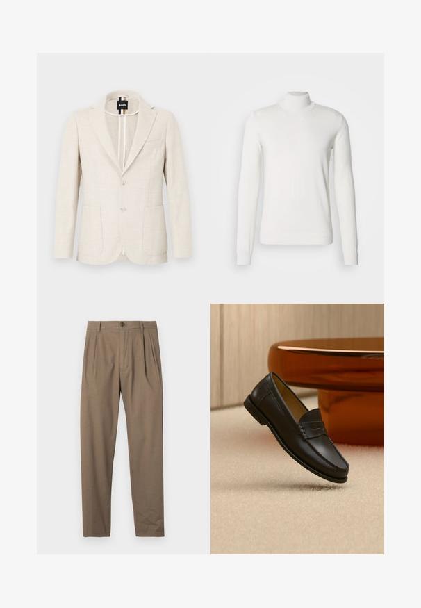 Lyse beige blazer lavet af tekstureret stof, med slagkrave, to-knap lukning og to forlommer. Designermærke synligt indeni.; Hvid turtleneck sweater lavet af ribstrikket stof. Har lange ærmer, et tætsiddende design og en glat tekstur.; Brune plisserede bukser lavet af blødt stof, med lynlås og knaplukning foran, lige ben-design og glat overflade.; Sort læder loafer-sko hængende over beige tæppe med ravfarvet moderne møblement i baggrunden.