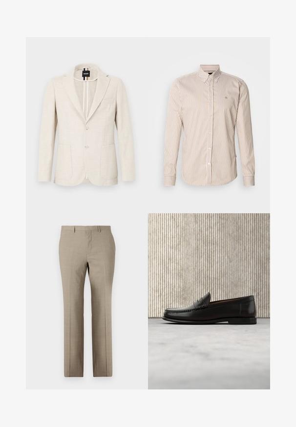 Lyse beige blazer lavet af tekstureret stof, med slagkrave, to-knap lukning og to forlommer. Designermærke synligt indeni.; Stribet skjorte med knapper i beige og lysebrun. Lange ærmer, klassisk krave, knapper foran og en lille logo på brystet. Bomuldsstof.; Beige skræddersyede bukser med en glat tekstur, lige ben, subtilt ternet mønster og flad front. To baglommer inkluderet.; Sort læder penny loafer med lav hæl, rundet tå og syningsdetaljer langs fronten og siderne, vist på neutral baggrund.