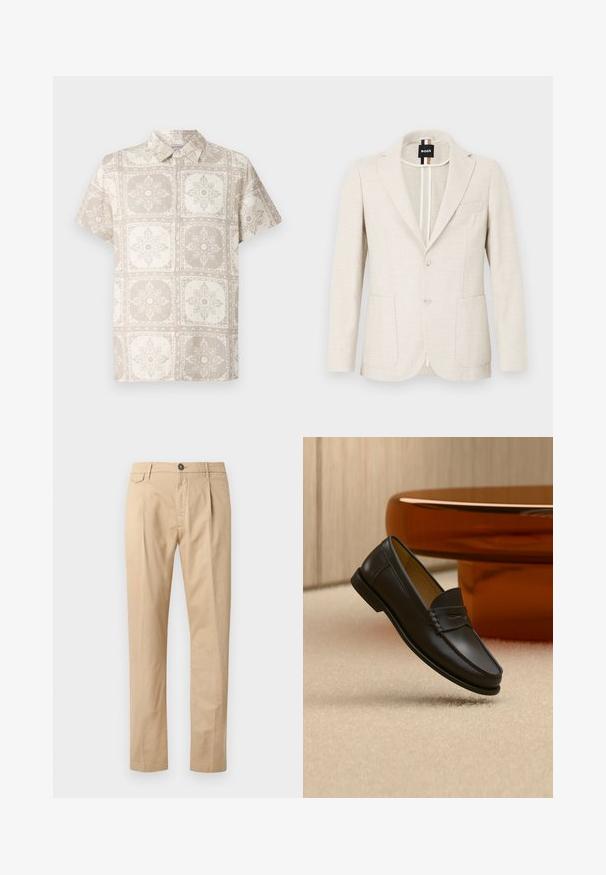 Lyse beige blazer lavet af tekstureret stof, med slagkrave, to-knap lukning og to forlommer. Designermærke synligt indeni.; Kortærmet skjorte med knapper i beige med et gentaget blomsterdesign. Fremstillet af et let stof med et naturligt, struktureret udseende.; Herre lige ben beige bomuldsbukser med frontlommer, bæltestropper, knaplukning og lynlås foran på en hvid baggrund.; Sort læder loafer-sko hængende over beige tæppe med ravfarvet moderne møblement i baggrunden.
