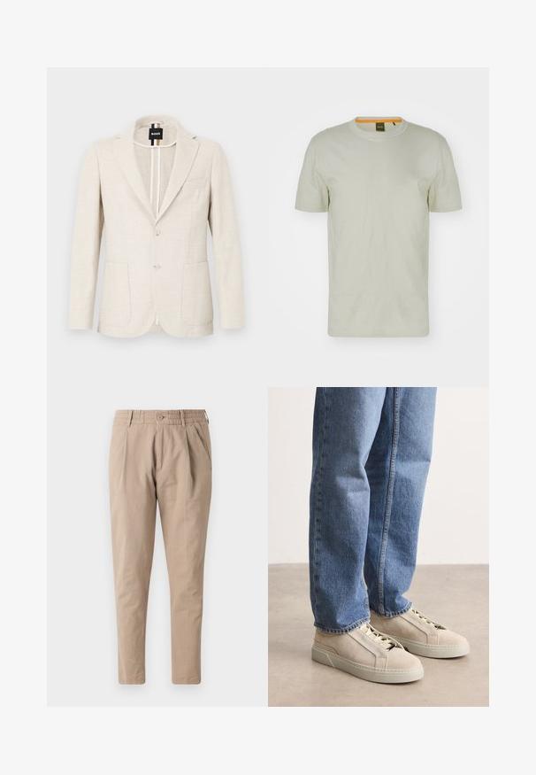 Lyse beige blazer lavet af tekstureret stof, med slagkrave, to-knap lukning og to forlommer. Designermærke synligt indeni.; Lys grøn kortærmet T-shirt lavet af blødt stof, med rund hals og et diskret logo på fronten. Enkel design med minimal detaljer.; Beige bomuldsbukser med afslappet pasform, elastisk talje, knaplukning og sidelommer. Glat tekstur, tapered ben design.; BOSS GARYTENN_SDHDEL - Sneakers - natural ten