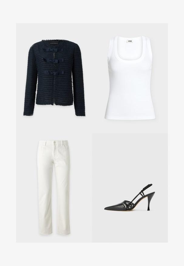 Chaqueta azul marino texturizada de manga larga con escote redondo y tres lazos de cinta en la parte delantera, sin bolsillos ni botones visibles, fondo liso.; Camiseta sin mangas blanca acanalada con escote redondo y etiqueta de la marca DRYKORN en el interior del cuello trasero.; Vaqueros blancos de pierna recta con cierre frontal de botón y cremallera, trabillas para cinturón y bolsillos delanteros, mostrados sobre un fondo liso y claro.; Zapato de tacón alto de charol negro con punta afilada, diseño de tiras entrecruzadas y tacón de aguja delgado. Textura suave y acentos mínimos.