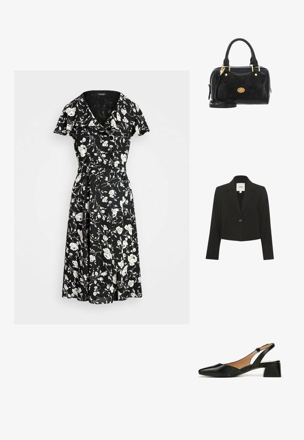 Zwarte cropped blazer van soepel materiaal, met lange mouwen, een notch-kraag en een enkele knoopsluiting aan de voorkant.; Zwarte jurk met een wit bloemenpatroon, korte mouwen, V-hals en knoopaccenten. A-lijn rok voor een luchtige pasvorm. Materiaal lijkt lichtgewicht.; Naturalizer JAYLA - Slingback ballerina´s - black leather; The Bridge STODO - Handtas - nero abb oro