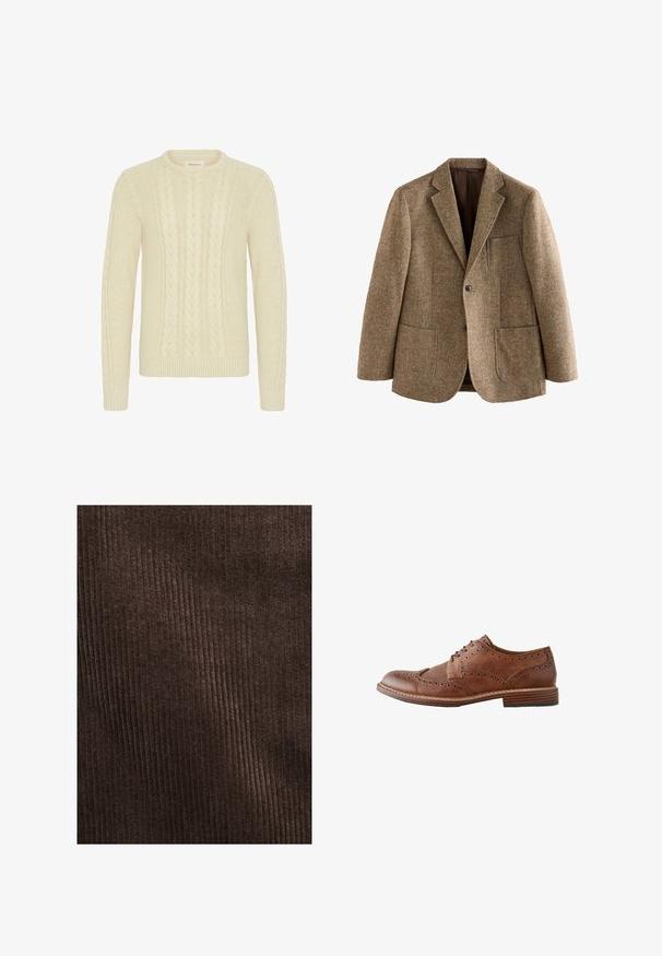 Brun tweed blazer med notch revers, to forlommer og knaplukning. Tekstureret stof med vævet mønster, delvist foret.; Blend BHBASIM - Striktrøje - oyster gray; Brun kordfløjlstof med lodrette ribber, blød tekstur og en dyb, rig farve, velegnet til polstring eller tøj.; Brun læder broguesko med vingetip-perforeringer, snørelukning og stablet træhæl, vist i højre sideprofil.