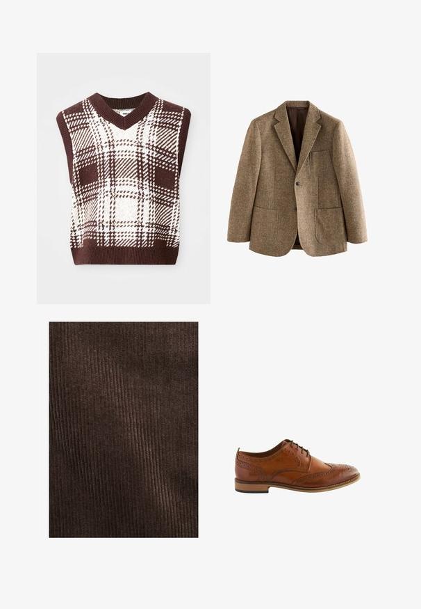 Bruine tweedblazer met een notch-revers, twee voorzakken en een knoopsluiting. Getextureerde stof met een geweven patroon, gedeeltelijk gevoerd.; Bruine en crèmekleurige geblokte gebreide mouwloze trui met een V-halsontwerp en geribbelde rand, voorzien van verschillende ruitpatronen en texturen.; Bruin corduroy stof met verticale ribbels, zachte textuur en een diepe, rijke kleur, geschikt voor bekleding of kleding.; Bruine leren dress shoe met een wingtip ontwerp, geperforeerde details en een lage gestapelde hak. Vetersluiting en een gladde textuur.