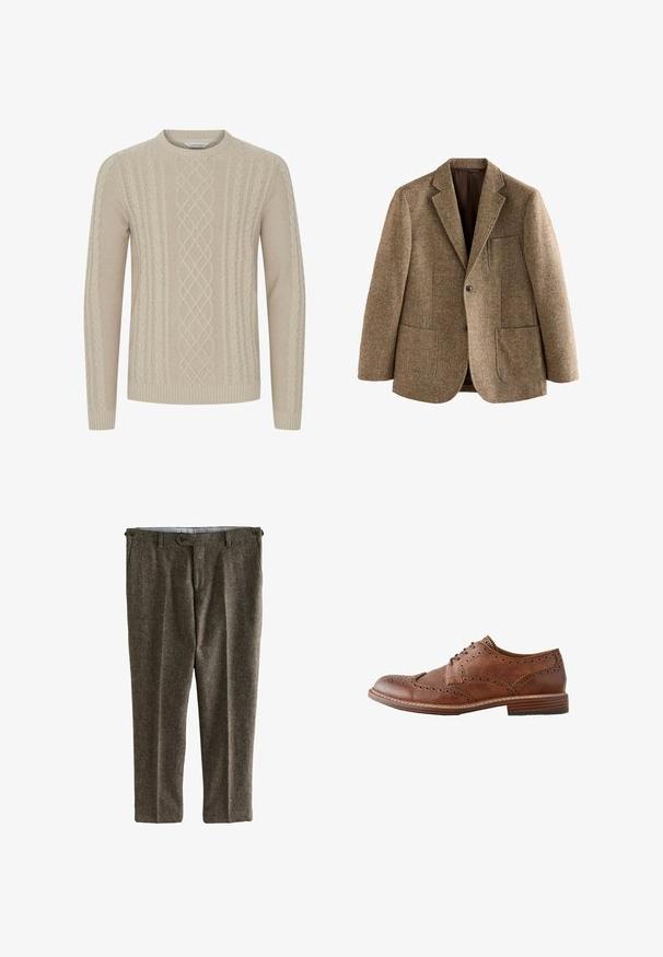 Brun tweed blazer med notch revers, to forlommer og knaplukning. Tekstureret stof med vævet mønster, delvist foret.; Beige strikket sweater med et tekstureret kabelmønster og ribbede manchetter og kant. Klassisk rund halsudskæring med lange ærmer.; Brune, vævede bukser med en afslappet pasform, der har to forlommer, bæltestropper og to knaplukninger ved taljen.; Brun læder herre wingtip oxford sko med brogue-detaljer og stablet træsål, vist i sideprofil på hvid baggrund.