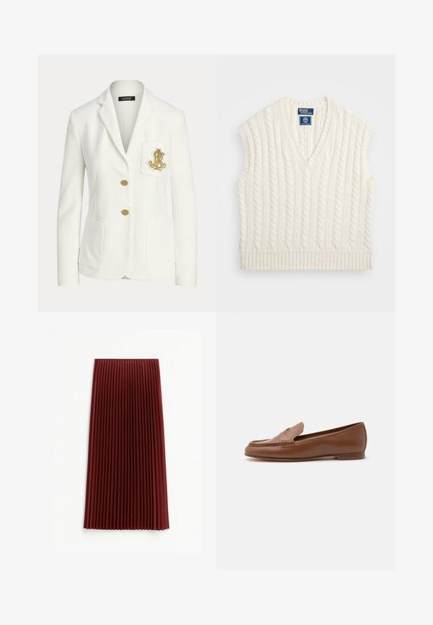 Hvid skræddersyet blazer med hakkede revers, to guldknapper, forlommer med påsyede lapper og et broderet guldemblem på brystlommen.; Cremefarvet kabelstrikket ærmeløs sweater med V-udskæring og ribbet kant. Har et tekstureret mønster og et logomærkat på udskæringen.; Plisseret midi-nederdel i dyb rød, med et tekstureret stof og jævnt fordelte vertikale folder. Kanten falder omkring midt på læggen.; Klassisk brun læderloafer med lav hæl og syninger på mokkatoen, vist i sideprofil på en hvid baggrund.