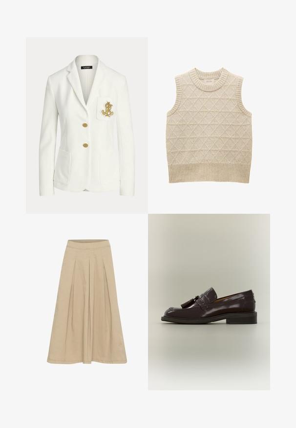 Blazer blanco a medida con solapas con muesca, dos botones dorados, bolsillos delanteros de parche y un emblema dorado bordado en el bolsillo del pecho.; Suéter sin mangas de punto beige con patrón de diamantes, cuello y dobladillo acanalados, hecho de un material suave para mayor comodidad. Etiqueta de la marca visible en el interior.; Falda plisada beige con una textura suave, diseño hasta las rodillas y una cinturilla ajustada. Fabricada en un tejido ligero con detalles de costura sutiles.; Mocasín de cuero marrón oscuro con borlas, tacón bajo y suela cosida, mostrado de lado sobre un fondo neutro.