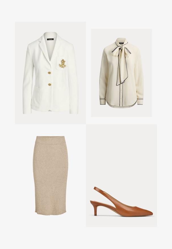 Hvid skræddersyet blazer med hakkede revers, to guldknapper, forlommer med påsyede lapper og et broderet guldemblem på brystlommen.; Cremefarvet bluse med sløjfehals, marineblå kantning, lange ærmer, knaplukning og en glat stofstruktur. Skræddersyet pasform, buet kant.; Strik nederdel i en lys beige farve med lodret ribbestruktur, knælang med elastisk talje og lige skæring.; Brun læder lavhælet slingback sko med spids tå og slank hæl på en ensartet lys baggrund.