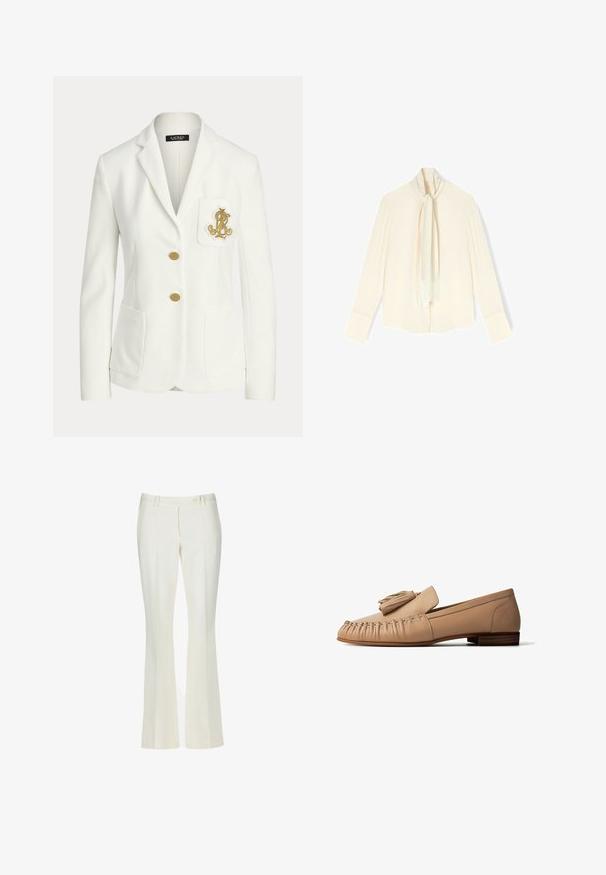 Blazer blanco a medida con solapas con muesca, dos botones dorados, bolsillos delanteros de parche y un emblema dorado bordado en el bolsillo del pecho.; Blusa crema de manga larga con puños anchos y pañuelo adjunto con extremos con flecos que cuelgan por delante.; Pantalones acampanados blancos en una tela suave. Presenta dos bolsillos frontales y un cierre de botón en la parte delantera, con un sutil detalle de pliegues.; Mocasín de cuero beige con detalle de borlas, costura estilo mocasín y tacón de madera bajo, mostrado de perfil sobre fondo blanco.