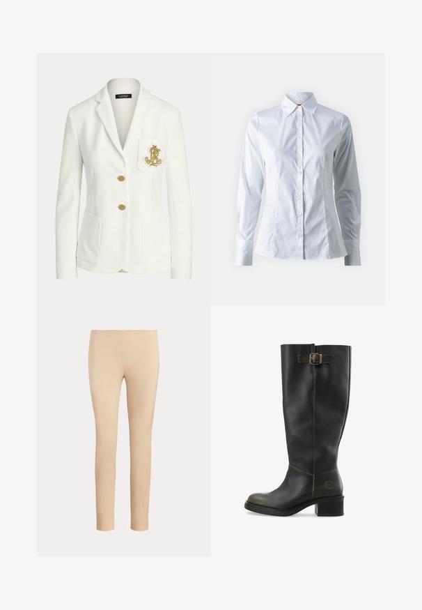 Blazer blanc ajusté avec revers crantés, deux boutons dorés, poches plaquées devant et un emblème doré brodé sur la poche poitrine.; Chemise blanche à manches longues, col pointu, design ajusté, en tissu de coton lisse et fermeture à boutons sur le devant.; Pantalon beige slim fit longueur cheville avec une finition lisse, sans poches visibles ni ornements, sur un fond uni.; Botte noire en cuir montant jusqu'au genou avec un talon large, dotée d'une boucle sur le côté et de coutures contrastantes le long des seams. Texture lisse.