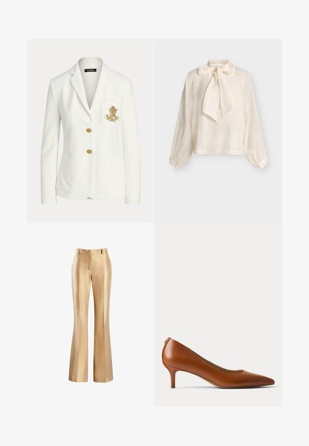 Hvid skræddersyet blazer med hakkede revers, to guldknapper, forlommer med påsyede lapper og et broderet guldemblem på brystlommen.; Langærmet cremefarvet bluse med stor sløjfe om halsen og manchetter med knapper, vist mod en ensfarvet lys baggrund.; Beige satin flared bukser med en glat tekstur, der har en lynlås foran og en enkelt knaplukning. To sidelommer og pyntesøm.; Brun læder pump med lav hæl og spids tå vist fra siden på en ensartet lys baggrund.