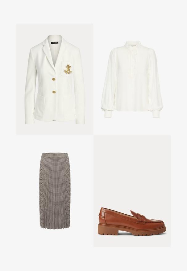 Blazer blanc ajusté avec revers crantés, deux boutons dorés, poches plaquées devant et un emblème doré brodé sur la poche poitrine.; Blouse blanche avec un col froncé haut, fermeture à boutons sur le devant et longues manches avec des poignets élastiques. Fabriquée en tissu léger.; Jupe plissée mi-longue avec un petit motif à carreaux marron et beige et une taille élastique.; Mocassin en cuir marron avec semelle épaisse en caoutchouc et petit talon, doté d'une bride cousue sur le dessus.
