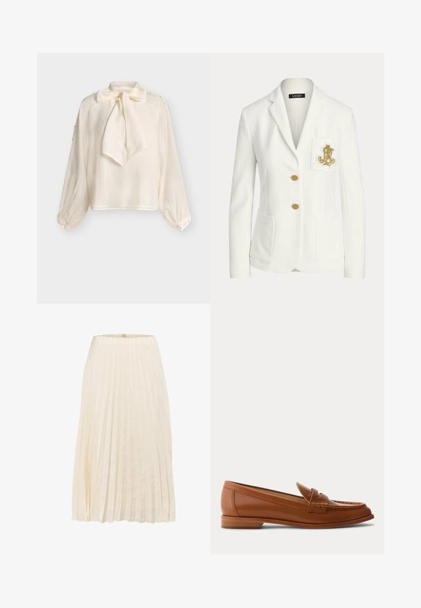 Blazer blanc ajusté avec revers crantés, deux boutons dorés, poches plaquées devant et un emblème doré brodé sur la poche poitrine.; Blouse crème à manches longues avec un large nœud à nouer au col et des poignets à boutons, présentée sur un fond clair uni.; Jupe midi plissée de couleur crème avec une ceinture haute et une texture de tissu fluide.; Mocassin en cuir marron avec petit talon en bois, bride classique pour pièce et détails cousus le long de la pointe et des côtés.