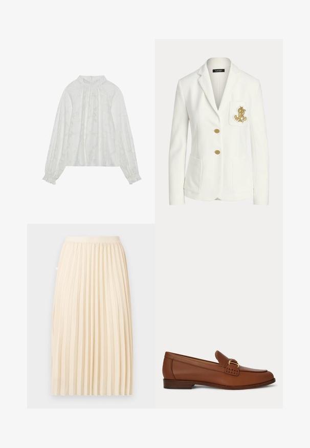 White tailored blazer with notched lapels, two gold buttons, front patch pockets, and an embroidered gold emblem on the chest pocket.; White long-sleeve blouse, featuring a textured floral pattern, gathered neckline, and elastic cuffs. Soft, lightweight fabric.; Cream-colored pleated midi skirt with a fitted waistband, hanging straight against a plain background.; Brown leather loafer with gold buckle detail and low wooden heel, shown from the side on a plain background.