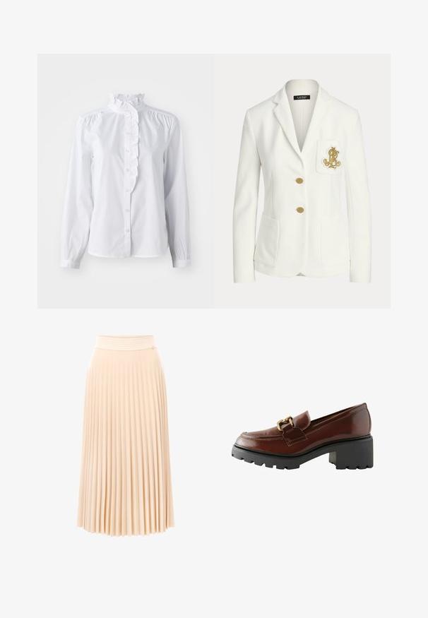 Witte op maat gemaakte blazer met inkepingsrevers, twee gouden knopen, opgestikte voorzakken en een geborduurd gouden embleem op het borstzakje.; Witte blouse met lange mouwen, met een gerimpelde hoge kraag en verticale ruches aan de voorkant. Lichtgewicht katoenen stof.; Plissé midi-rok van zachte perzikkleurige stof. Voorzien van een gestructureerde tailleband en een vloeiend ontwerp met verticale plooien. Soepele, lichtgewicht materiaal.; Bruine leren loafer met een ronde neus, decoratieve gouden hardware en een dikke zwarte platformzool met een textuurafwerking.