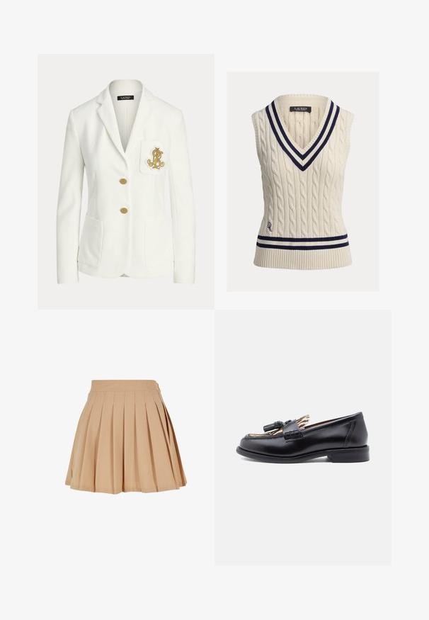 Witte op maat gemaakte blazer met inkepingsrevers, twee gouden knopen, opgestikte voorzakken en een geborduurd gouden embleem op het borstzakje.; Crèmekleurige kabelgebreide mouwloze trui met een V-hals, voorzien van marineblauwe en witte gestreepte ribbels langs de kraag en zoom, en een geborduurd logodetail.; Beige geplooide minirok met hoge tailleband en subtiele geborduurde logo aan de rechterzijde van de tailleband.; Zwarte leren loafers met een ronde neus, voorzien van een geweven kwastaccent en een contrasterende dierenprintvoering. Lage, rechte hak.