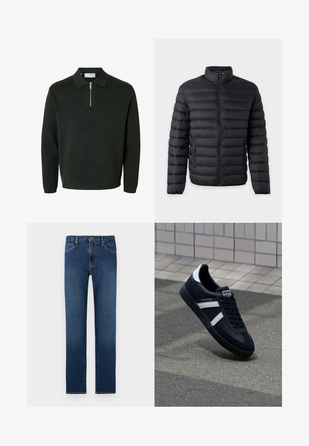 Sort quiltet dynejakke med horisontale syninger, fuld frontlynlås, høj krave og to sidelommer på en ensfarvet baggrund.; Mørkegrøn langærmet polo-sweater med lynlåslukning ved kraven og en lige kant nederst.; Mørkeblå denimjeans med lige ben, fem lommer, knaplukning og kontrastsyninger.; Sort lædersneaker med hvide striber, tekstureret gummisål og snørrebånd foran. Har et brandet mærke på tungen.