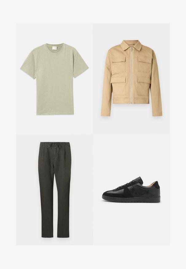 Beige cropped jakke lavet af robust stof, med krave, lynlås foran og fire store klaplommer.; Lys grøn kortærmet t-shirt med rund hals og et lille broderet logo nederst til venstre foran.; Mørkegrå linnedbukser med snoretræk i taljen. Lige ben-design, letvægtsstof, minimal detaljer og glat tekstur.; Tiger of Sweden BELLICU - Sneakers - black
