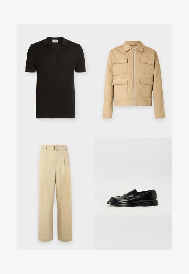 Veste courte beige en tissu solide, dotée d'un col, d'une fermeture éclair avant et de quatre grandes poches à rabat.; Polo en maille noire à manches courtes avec des rayures horizontales texturées et un col plié avec une ouverture en V.; Pantalon beige taille haute à jambes larges avec passants de ceinture et ceinture argentée en forme de D, présentant des plis à l'avant et une texture de tissu lisse.; The Antipode COLLEGE - Mocassins - black