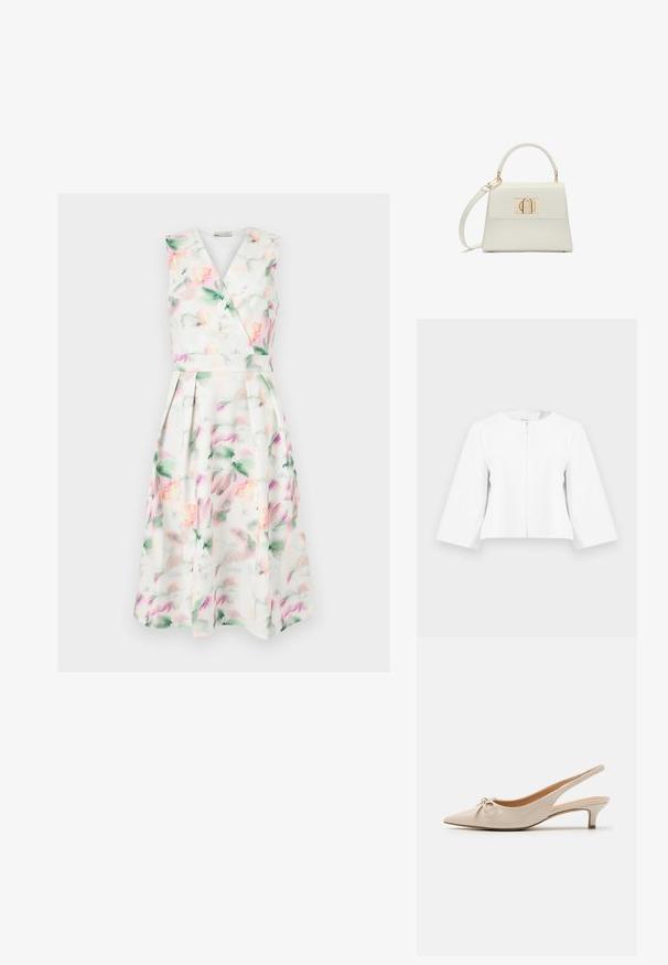 Chaqueta blanca corta con mangas de tres cuartos y cierre frontal con cremallera, exhibida sobre un fondo liso gris claro.; Vestido midi blanco sin mangas con estampado floral en acuarela en tonos pastel, cuerpo cruzado con escote en V, cintura ceñida y falda plisada.; Tacones slingback de charol beige con puntera afilada y un lazo decorativo en el empeine. Incluyen un tacón bajo y estilizado con una textura suave.; Pequeño bolso blanco de mano con asa superior, correa de hombro desmontable y cierre rectangular dorado en la solapa frontal.