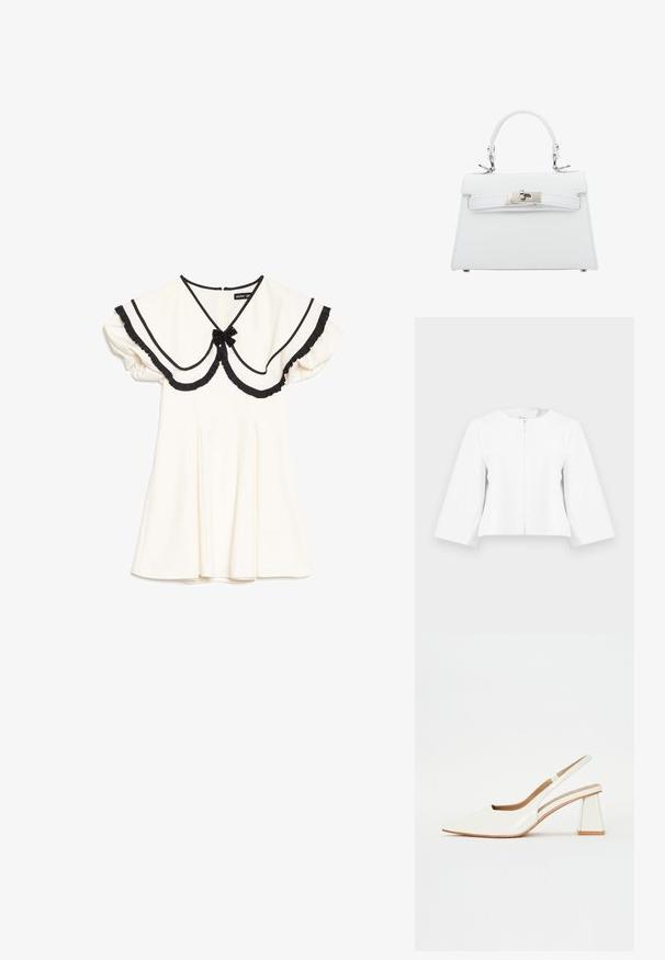 Veste blanche courte avec manches trois-quarts et fermeture éclair sur le devant, présentée sur un fond gris clair uni.; Robe crème avec col oversize bordé de noir, bords à volants noirs, manches courtes bouffantes et petit nœud noir au niveau de l'encolure.; Chaussure slingback en cuir verni blanc avec un bout pointu et un talon bloc géométrique. L'intérieur présente une semelle intérieure beige et des découpes latérales minimalistes.; Sac à main en cuir blanc avec un design structuré, poignée supérieure et quincaillerie argentée, présentant une fermeture à boucle et des détails de surpiqûre subtils.