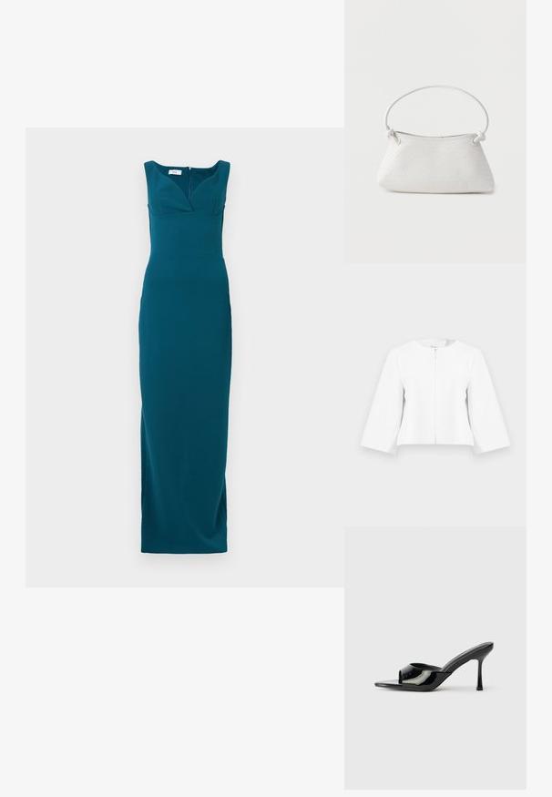 Veste blanche courte avec manches trois-quarts et fermeture éclair sur le devant, présentée sur un fond gris clair uni.; Robe teal long jusqu'au sol avec une silhouette ajustée, décolleté profond et bretelles larges ; tissu lisse avec une fermeture éclair au dos.; Mules noirs en cuir verni à bout ouvert avec une sangle étroite et un talon aiguille. Texture lisse et design minimaliste avec une semelle plate.; Sac à main en cuir tressé blanc avec poignée arrondie et extrémités de lanière nouées, présenté sur un fond uni.