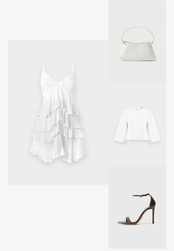 Veste blanche courte avec manches trois-quarts et fermeture éclair sur le devant, présentée sur un fond gris clair uni.; Robe blanche sans manches avec des couches volantes, fabriquée en tissu léger portant des motifs en œillets et une texture délicate. Design à col en V.; Sandale à talons hauts marron avec une fine bride de cheville et une bande de orteil plate. Texture en cuir lisse avec un bout pointu et un design à talon aiguille.; Sac à main en cuir tressé blanc avec poignée arrondie et extrémités de lanière nouées, présenté sur un fond uni.