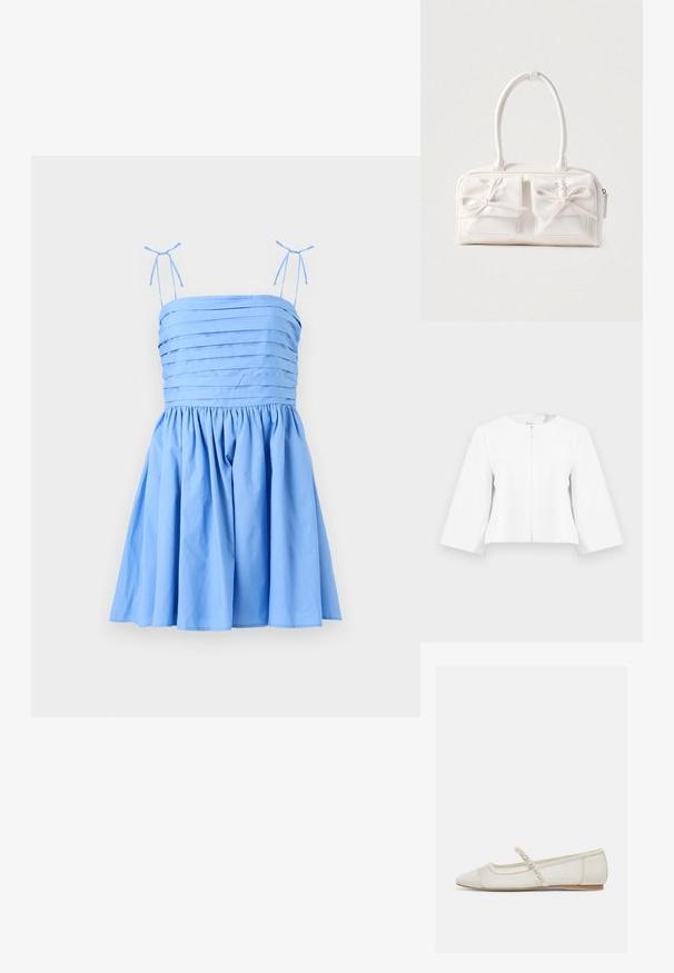 Hvid kort jakke med trekvart ærmer og lynlås foran, vist på en ensartet lys grå baggrund.; Lyseblå kjole med tynde, justerbare stropper. Den har et plisseret bærestykke og en samlede nederdel, lavet af et glat, blødt stof.; Off-white flad sko med spids tå, perlebesat rem og lav træhæl, sidevisning på lys baggrund.; Hvid syntetisk håndtaske med to forlommer, hver med en bundet sløjfedetalje. Glat tekstur, afrundede håndtag og lynlås lukning.