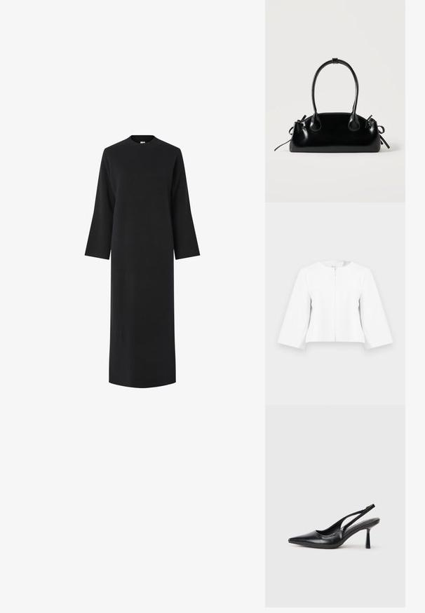 Weiße, kurz geschnittene Jacke mit dreiviertel Ärmeln und einem Reißverschluss vorne, dargestellt vor einem schlichten, hellgrauen Hintergrund.; Schwarzes Langarmkleid mit hohem Kragen, aus einem glatten, strukturierten Stoff gefertigt. Hat einen geraden Schnitt und fällt unter das Knie.; Schwarzer Leder Slingback High Heel Schuh mit spitzer Zehenpartie und schmalem Absatz auf einem weißen Hintergrund.; Kleine schwarze glänzende Handtasche mit zwei langen Griffen und seitlichen Kordelzug-Details vor einfachem hellem Hintergrund.