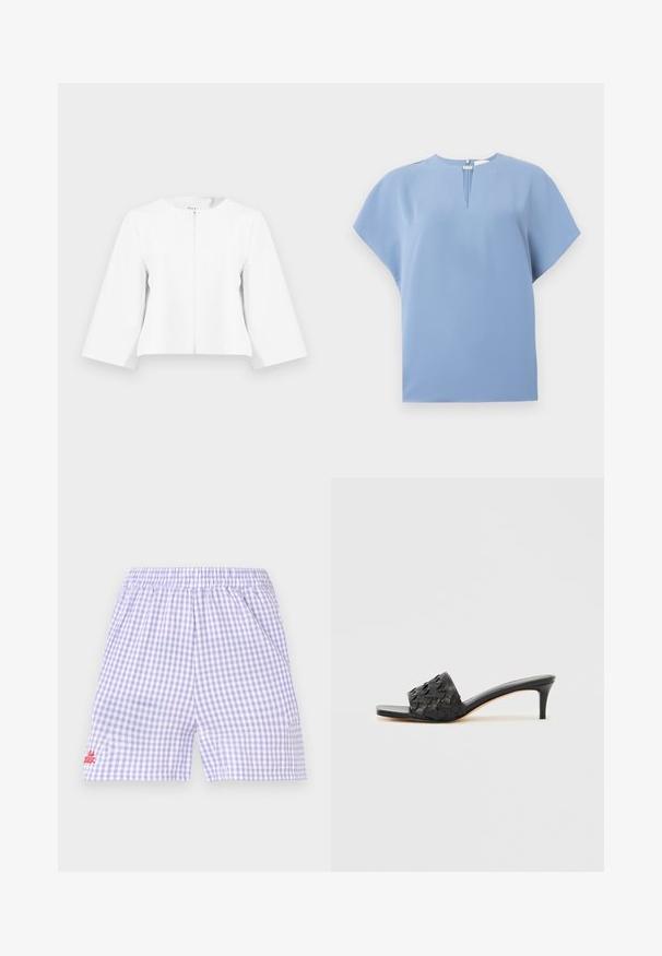 Veste blanche courte avec manches trois-quarts et fermeture éclair sur le devant, présentée sur un fond gris clair uni.; Haut bleu clair à manches courtes, avec un col rond, des plis sur le devant et un tissu doux et lisse avec des coutures minimales.; Short à carreaux violet et blanc avec taille élastique et petit texte rouge brodé sur la partie inférieure gauche de la jambe.; Sandales à talons noirs avec une texture tissée sur la tige, design à bout ouvert et talon haut fin. Comprend une semelle intérieure en cuir lisse.