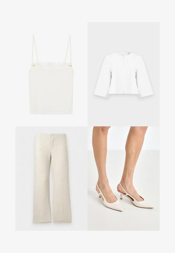 Veste blanche courte avec manches trois-quarts et fermeture éclair sur le devant, présentée sur un fond gris clair uni.; Débardeur blanc à fines bretelles, avec un décolleté en dentelle festonnée et un petit accent floral sur le côté. Texture lisse, design simple.; Pantalon beige en lin à jambes larges avec une ceinture plate et un détail de braguette cousue, présenté sur un fond blanc uni.; Escarpins à talon slingback en cuir verni beige avec un bout pointu et un talon de 5 cm, présentant des côtés découpés et une fine bride à la cheville.