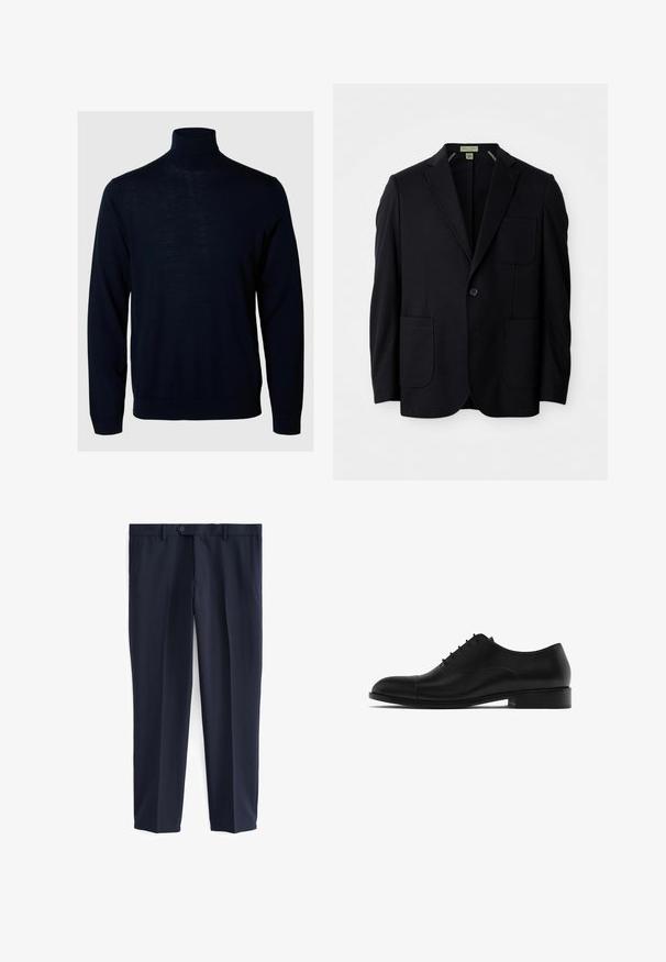 Schwarzes einstelliges Blazer mit Reverskragen, drei aufgesetzten Taschen und einem Knopfverschluss, vor einem weißen Hintergrund präsentiert.; Marineblauer Rollkragensweater, lange Ärmel, gerippte Bündchen und Saum, aus weichem Stoff mit glatter Textur und minimalistischem Design.; Next REGULAR FIT - Anzughose - navy; Massimo Dutti Business-Schnürer - black