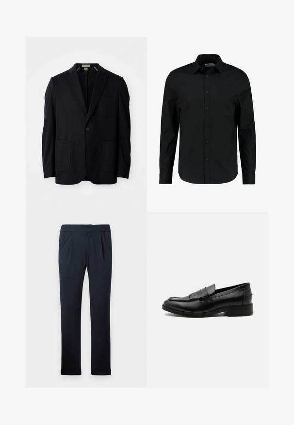 Schwarzes einstelliges Blazer mit Reverskragen, drei aufgesetzten Taschen und einem Knopfverschluss, vor einem weißen Hintergrund präsentiert.; Schwarzes Langarmhemd aus glattem Stoff, mit Knopfleiste, spitzem Kragen und taillierter Passform mit abgerundetem Saum.; Dunkelblaue Hose aus weichem Stoff, mit elastischem Bund, Falten an der Vorderseite und umgeschlagenen Säumen. Glatte Textur, minimalistisches Design.; Schwarzer Leder-Herrenloafer mit Quasten-Detail, abgerundeter Spitze, niedrigem Absatz und glatter, polierter Oberfläche, von der Seite auf weißem Hintergrund dargestellt.
