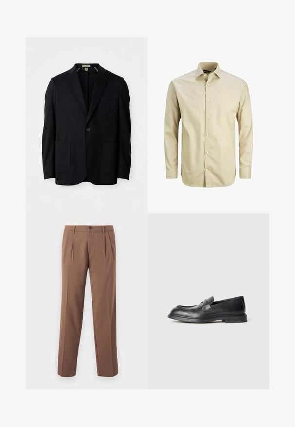 Sort enkeltstående blazer med revers og notcher, tre påsyede lommer og en knaplukning, præsenteret på en hvid baggrund.; Beige langærmet skjorte med knapper lavet af glat stof, med spidse kraver, frontplacket med knapper og en skræddersyet pasform.; Brune plisserede bukser med lige ben-design, der har en enkelt knaplukning og en glat, struktureret stof.; Sorte læder loafers med en struktureret finish, der har en dekorativ frontrem og en rundet tå. Gummisål for holdbarhed.