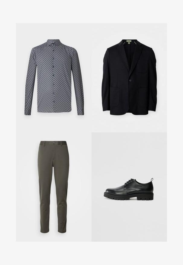 Blazer noir à un bouton avec revers crantés, trois poches à rabat, affiché sur un fond blanc.; Chemise à manches longues de couleur bleu marine foncé avec un motif floral blanc répété. Dotée d'un col pointu et de boutons sur le devant. Texture de tissu lisse.; Pantalons vert olive en tissu extensible, avec une taille à boutons, coupe slim et jambes droites, sans motifs ni éléments métalliques visibles.; Chaussure en cuir noir à bout arrondi, présentant un design à lacets, une semelle en caoutchouc noire robuste et un petit onglet de talon à l'arrière.