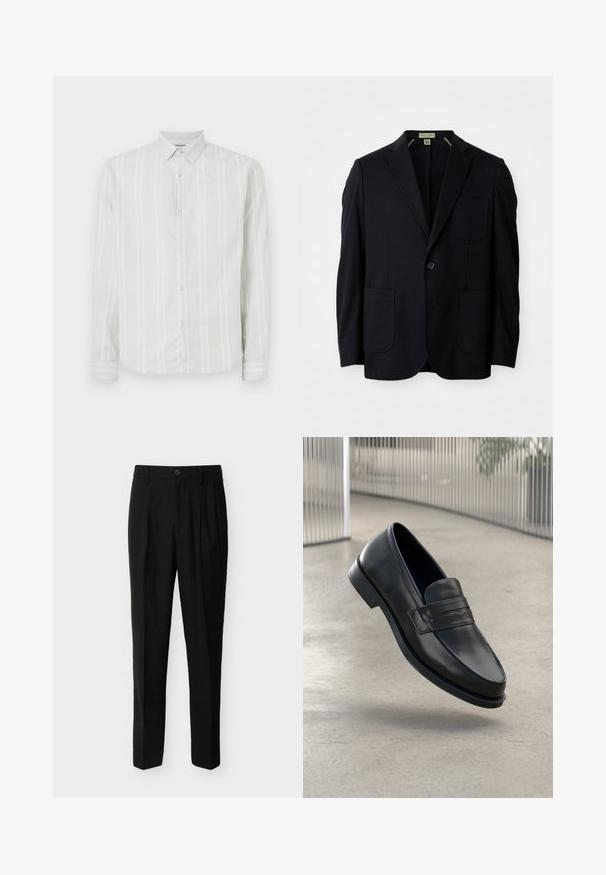 Schwarzes einstelliges Blazer mit Reverskragen, drei aufgesetzten Taschen und einem Knopfverschluss, vor einem weißen Hintergrund präsentiert.; Hellgraues Langarmshirt mit weißen vertikalen Streifen, Knopfverschluss vorne und klassischem Kragen. Besitzt eine detailreiche Manschette an den Ärmeln.; Schwarze, hoch taillierte, maßgeschneiderte Hose mit Gürtelschlaufen, vorderen Falten, Seitentaschen sowie Knopf- und Reißverschluss.; Schwarzer Lederloafer mit glatter Textur, spitzer Zehe und einem dekorativen Riemen über dem Rist. Leichte Sohle, minimalistisches Design.